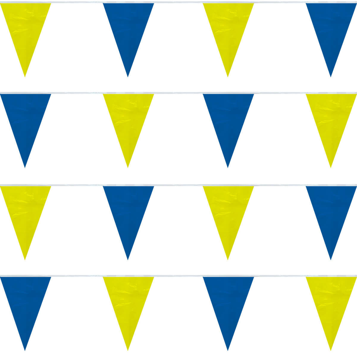 Tira de banderines triangulares intercalados en colores azul rey y amarillo con guía de rafia blanca, ideal para decoración de fiestas, celebraciones y eventos deportivos, largo total de 50m con 84 banderines. Tira de banderines triangulares intercalados en colores azul rey y amarillo con guía de rafia blanca, ideal para decoración de fiestas, celebraciones y eventos deportivos, largo total de 50m con 84 banderines.
